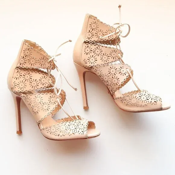 Schutz Tan Perforated Leather Heels Lace-up Peep Toe Summer Shoes Size 6.5 - Picture 11 of 16